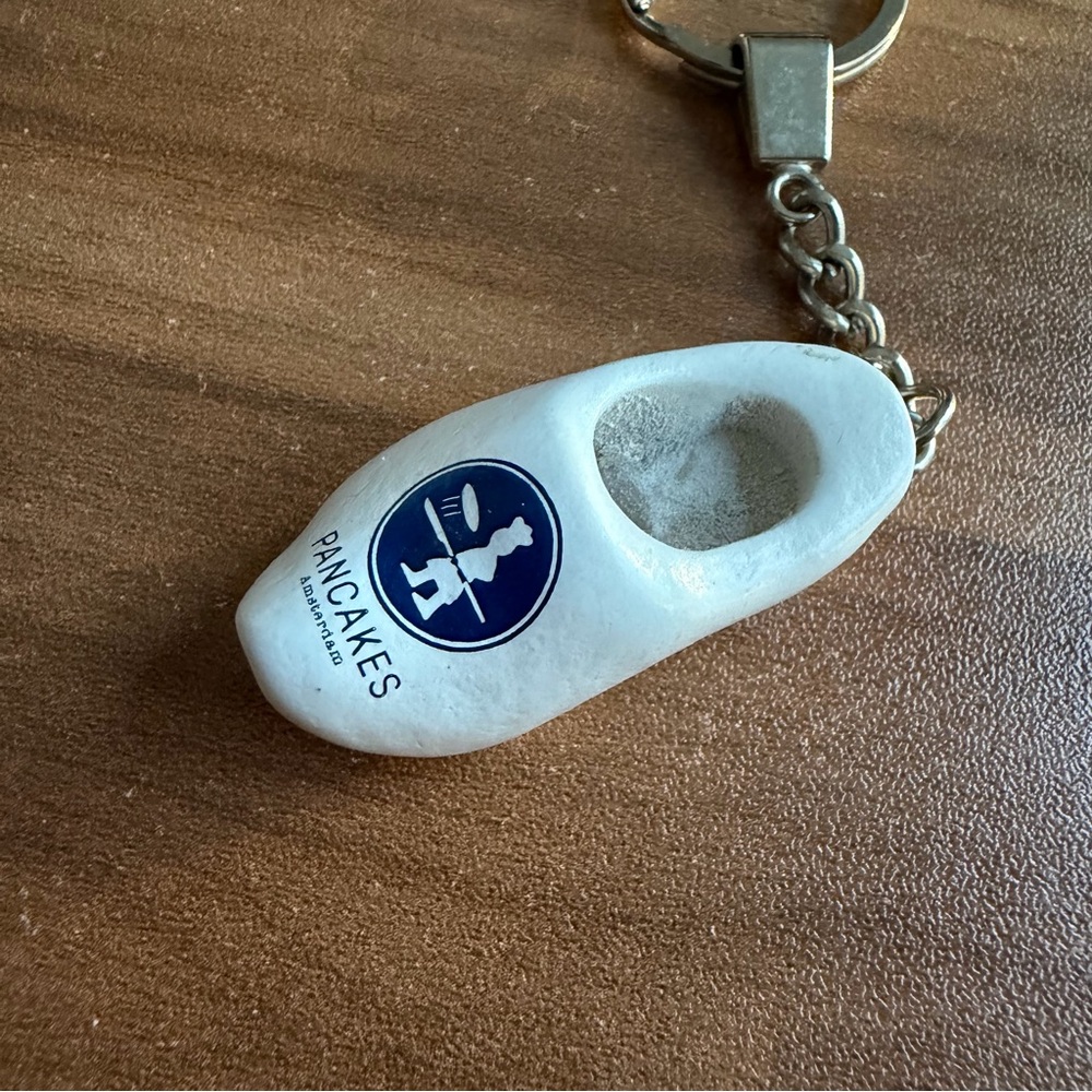 Vintage Pancakes Amsterdam Dutch Wooden Clog Keyring - White Souvenir Promo